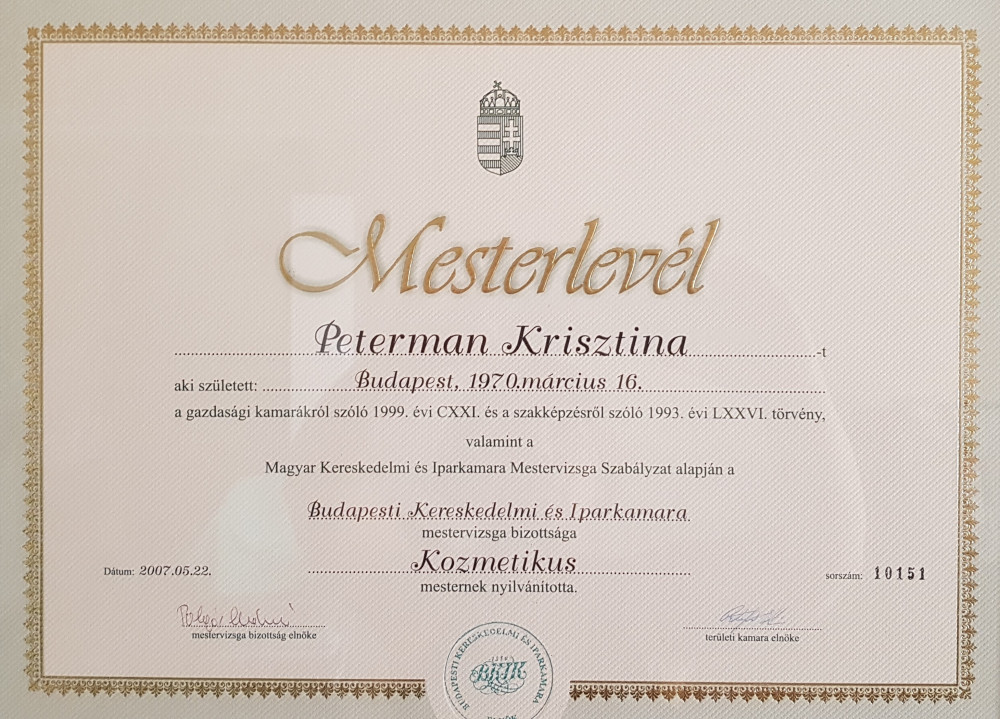 Peterman Krisztina kozmetikus mesteroklevél